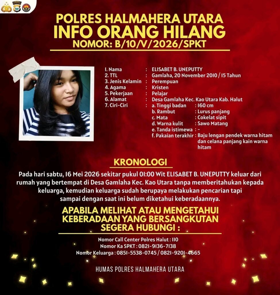 Remaja 15 Tahun Asal Gamlaha Dilaporkan Hilang, Keluarga Minta Bantuan Masyarakat